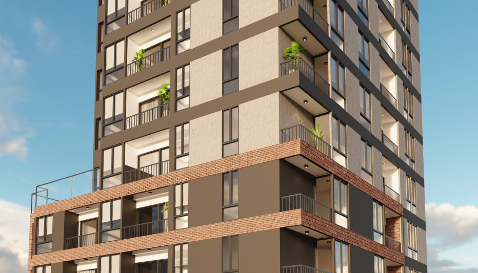 Fachada del edificio Simón, con departamentos en venta que destacan por sus balcones, acabados modernos y diseño urbano contemporáneo