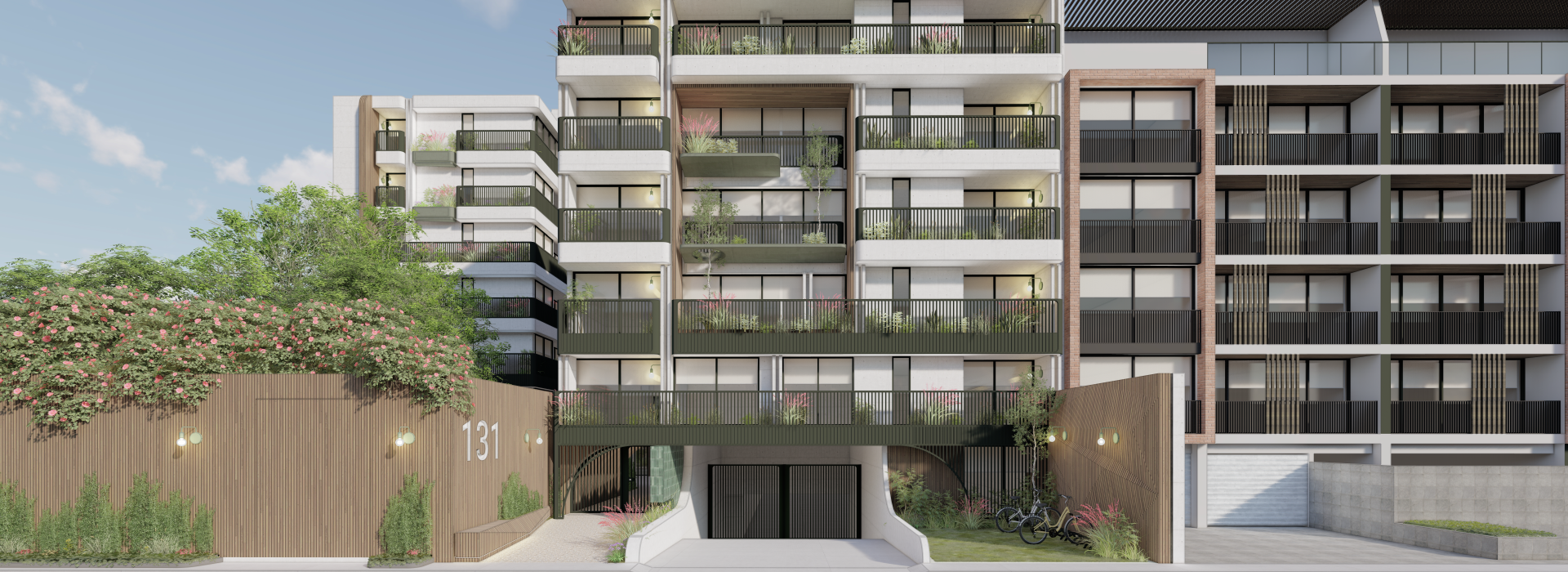 Fachada moderna del proyecto Inspirados, con exclusivos departamentos en venta en Chacarilla.